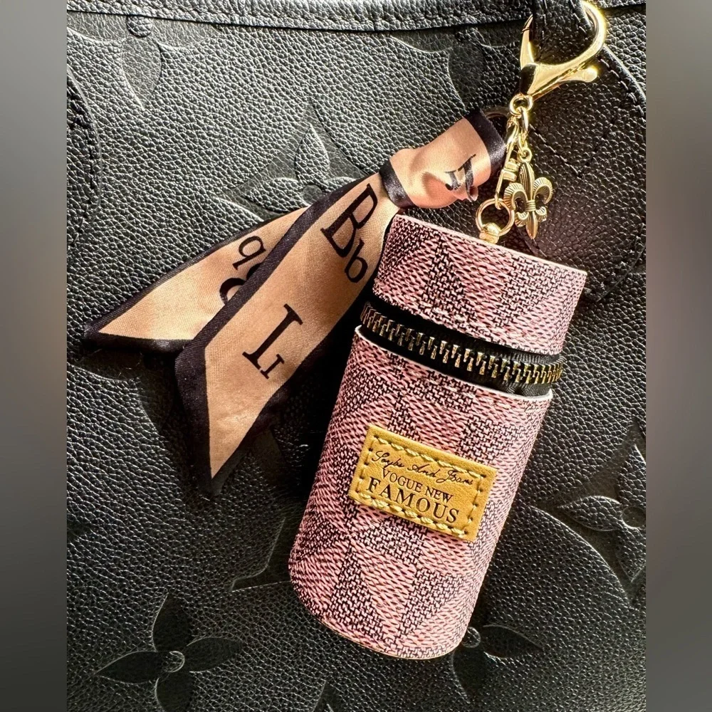 New Pink Geometric Print Mini Bag Purse Charm Keychain w/ Scarf & Fleur de Lis